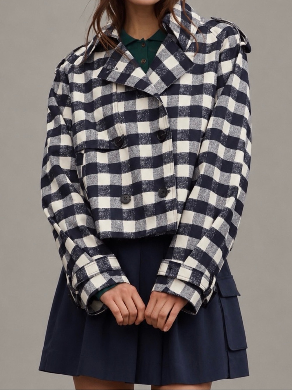 Maeve Anthropologie Women’s M Crop Trench Coat Navy White Gingham Check